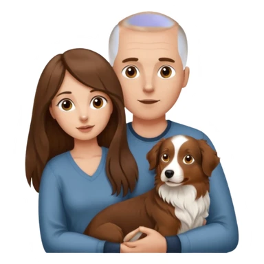 Man with shaved head holding woman with very long brown hair and one Aussie dog sticker