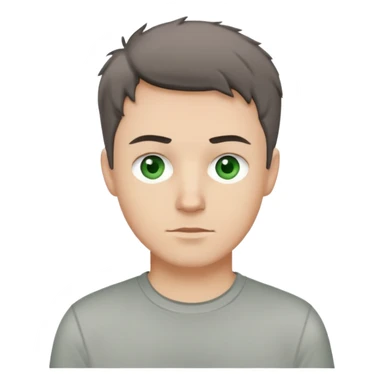 white man with dark messy short hair, dark green eyes, wearing a gray t-shirt sticker