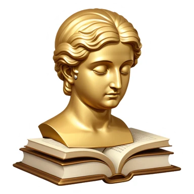 An icon featuring a classical bust, a book of philosophy, symbolizing the study of philosophy. The design includes an abstract symbol of thought and reasoning, representing deep intellectual inquiry and exploration of ideas. Transparent background sticker