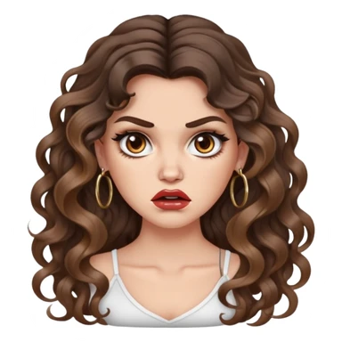 cute girl with not volominous VERY LONG curly/wavy brunette hair with balayage, brown eyes, full lips, cute makeup and hoop earrings white girl: ANGRY FACE sticker