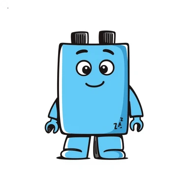 A hand-drawn blue Lego-style brick with a silly expression and tiny arms sticker