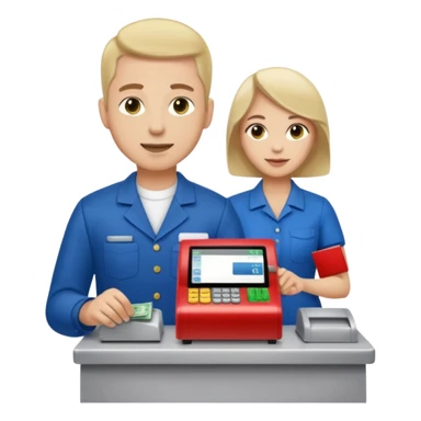 Supermarket employee at a cash register, full body, serving a man sticker