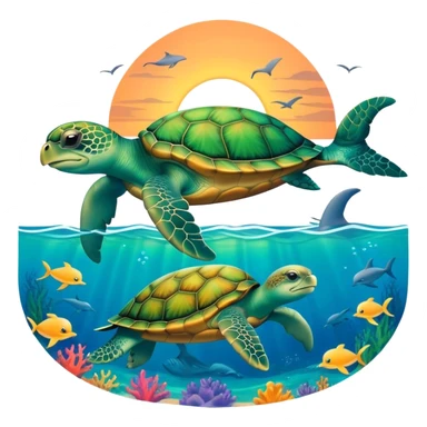 Turtle in the ocean with the back ground a sunset and dolphins sticker