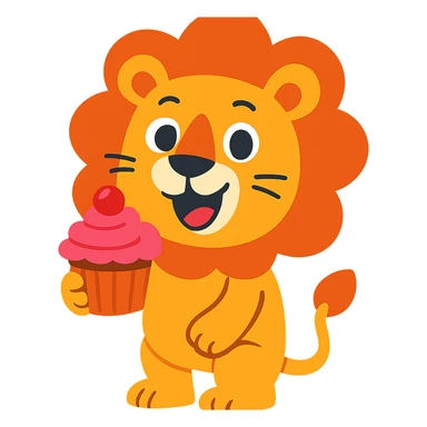 a lion holding a cupcake, vibrant cartoon style sticker
