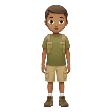 boy wearing an olive-green shirt over a brown T-shirt with beige cargo shorts sticker