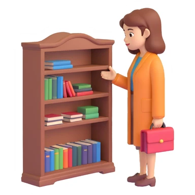 a sad woman looking at a small bookcase sticker