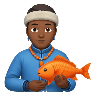 inuit man with traditional inuit clothes and orange fish sticker