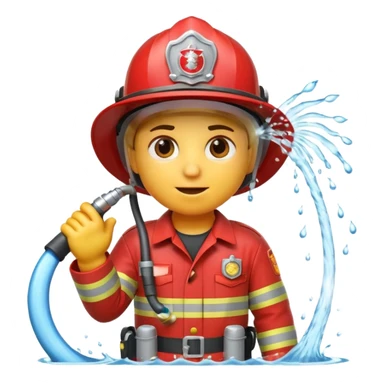 A 3D Apple-style emoji character dressed as a firefighter in a bright red uniform and helmet, holding a fire hose spraying water forward, determined expression with cartoonish eyes, water splashing effect, clean minimal background sticker