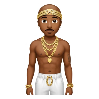 Tupac with white sequin baggy pants, shirtless with necklace sticker