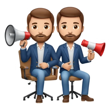film director emoji with a modern megaphone and director's chair, brown hair and short beard, jeans and a undershirt with blazer top.  sticker