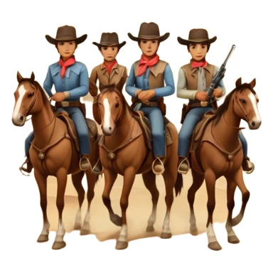 Icon for Western: A vintage movie poster-style design with cowboys on horseback, dusty desert landscape, and a setting sun. Include cowboy hats, revolvers, and an old saloon. The design should have bold typography and a retro cinematic feel. Transparent background. sticker