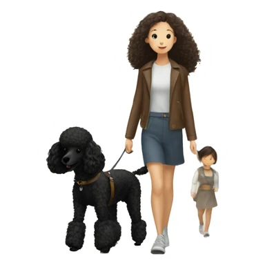 3 legs One Small unshaved Black Poodle with brown harness is walking with Korean girl sticker