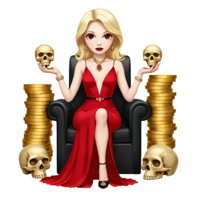 Lilith symbol red eye seductress evil shoulder length blonde haired sexy succubus woman with Gucci  long dress with slit, sitting on of gold and diamonds. Black Platform high heels on feet. seat full of stacks of cash,  dead human skull of her enemies in her other hand sticker