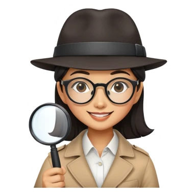asian girl with large square rectangular black glasses smiling and wearing a detective hat holding a magnifying glass sticker