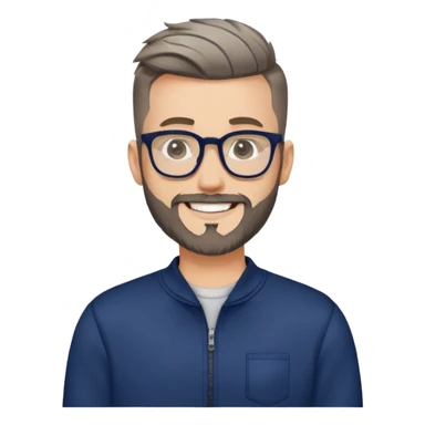 Fair-skinned man with fade haircut (extremely short on sides, slightly longer on top), short salt and pepper beard, large black-framed glasses, smiling, wearing navy blue long sleeve zip sweatshirt sticker