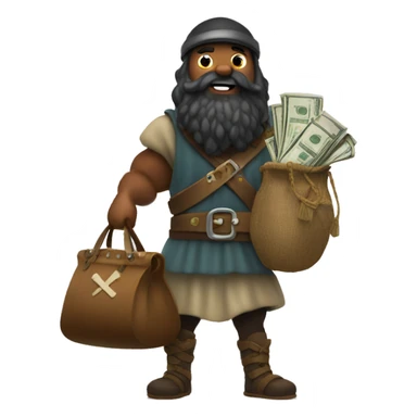 Viking black beard carrying overloaded bag with money sticker