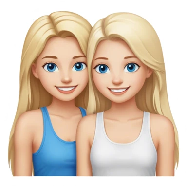 Two girls both have long blonde hair posing cheek to cheek one girl wearing a white shirt and the other girl is wearing a tank top both girls have beautiful blue eyes and a gorgeous smile with white teeth sticker