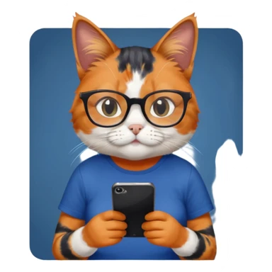 un gato de tres colores naranja, negro y blanco con gafas de leer con un celular en manos leyendo comentarios y que tenga una remera color azul oscuro que diga UOM sticker
