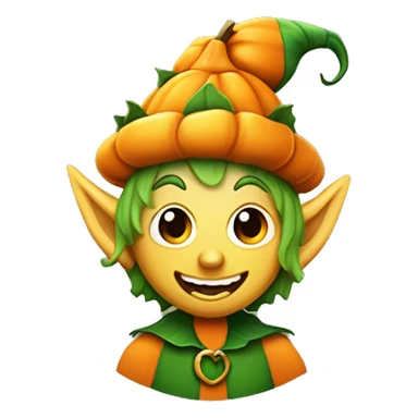 Elf with a pumpkin head, carved smile face on the pumpkin, leaves in hair, Halloween theme, emoji sticker