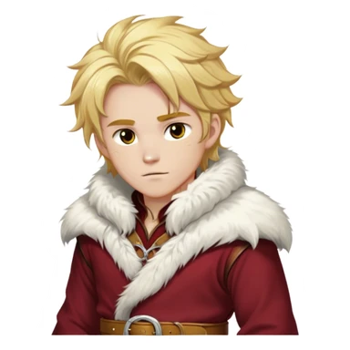 Medieval winter outfit worn by a DnD themed fantasy male character. Thick crimson wool tunic with white fox fur trim, featuring carved ivory toggles and a wide leather belt with bronze buckle. Clothes only above the waist, full waist coverage. The character has no arms. Character is white-skinned with honey gold hair, storm-cloud gray eyes, and medium-length tousled hair with icy highlights. sticker