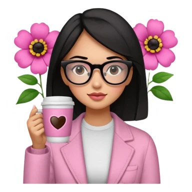 Chica de pelo negro ojos negros y piel morena con lentes oversize square con ropa bonita m pantallas pequenas de cristal , en la mano derecha una taza de cafe en color rosa con una flor negra de diseno. Sentada mirando la television. sticker