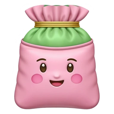A Korean fortune pouch (bokjumeoni) in iPhone emoji style, pastel pink and light green colors, soft 3D glossy texture, centered, no outlines, transparent background. sticker