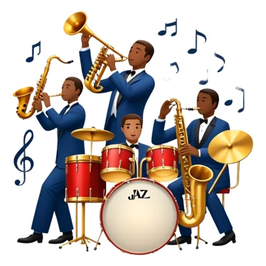 Icon for Jazz Music: The Jazz Messengers, featuring a dynamic composition with Art Blakey on drums and musicians playing saxophone, trumpet, and piano. Musical notes and a warm jazz club atmosphere emphasize the vibrant hard bop style. Transparent background. sticker
