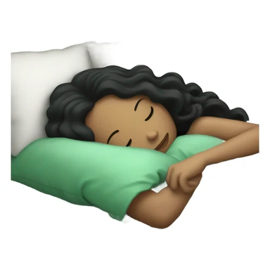 white european girl with long curly black hair sleeping in a bed with faded green striped comforters sticker