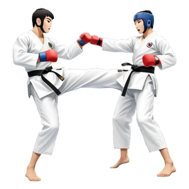 Two taekwondo fighters in traditional white doboks with black belts compete in a dynamic match. One executes a high spinning kick, while the other blocks skillfully. The background features a professional arena with bright lights and spectators. Transparent background. sticker