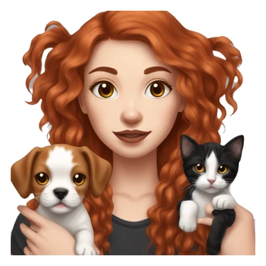 Long Red haired woman with septum piercing holding black and white English Staffordshire puppy and tabby kitten sticker
