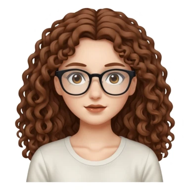 aesthetic white girl with brown, long curly hair, she wears an offwhite top and wears square glasses and her eyes are black sticker