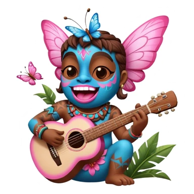 Pixar style little Cartoon Blue and pink tiki singing with a butterfly and playing a guitar, ultra detailed and lifelike imagery sticker
