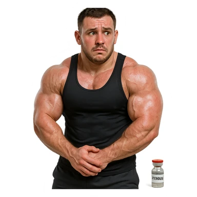 beginner bodybuilder with swollen muscles, reddened skin, nervous look, wearing sportswear, bottle of anabolic steroids next to him, realistic details, isolated on white background sticker