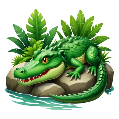 Crocodile resting, surrounded by rocks, water, and tropical plants. The green scales of the crocodile glisten under the light, with its sharp eyes focused ahead. The background features a naturalistic habitat with plants and water, giving it a lifelike feel. sticker