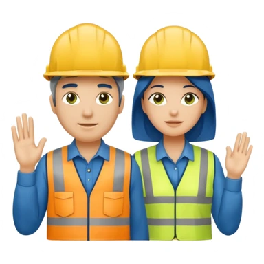 Um homem e uma mulher amarelos com capacete de obras azul escuro e camisa social cinza com faixas refletivas verdes nos braços. Um deles deve estar segurando um megafone sticker