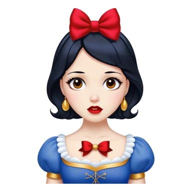 Cinematic Elegant Snow White Portrait Emoji, rendered in a realistic, vector-style with minimal shading and bold, simplified shapes. Depict Snow White (chest and above) with flawless porcelain skin, expressive deep brown eyes, and lustrous raven hair neatly styled with a red bow, wearing her classic blue and gold dress. The image glows with a soft, pure radiance and high shine, capturing timeless beauty and gentle grace. sticker