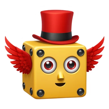 yellow lucky block, with 2 red question marks for the pupils inside the eyes, wings, and a red top hat, and has the :3 face  sticker