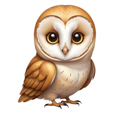 Cinematic Cute Barn Owl Portrait Emoji, Head tilted playfully and inquisitively, featuring a softly mottled Fur of white and brown with delicate feather patterns, round, sparkling amber eyes filled with curious wonder, Simplified yet irresistibly adorable features, highly detailed, glowing with a warm, friendly glow, high shine, affectionate and gentle, stylized with a touch of barnyard whimsy, bright and endearing, soft glowing outline, capturing the essence of a mischievous yet loving owl, so playful it feels like it could swoop out of the screen and into your arms! sticker