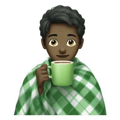 black hair boy wrapped in pastel green plaid blanket drinking coffee sticker