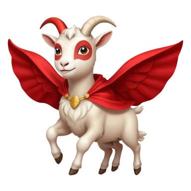 side view of white female goat wearing a read cape like superman sticker