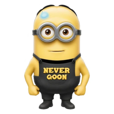 A buff minion wearing a black t shirt top with the words “never GOON” on the shirts chest area sticker