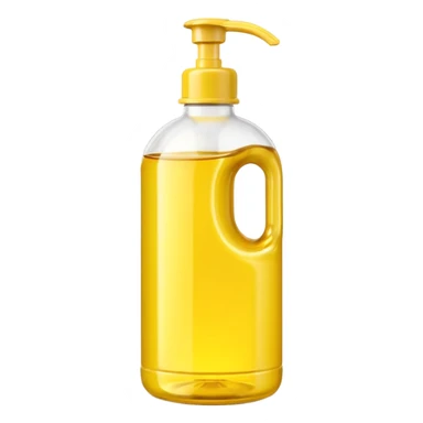yellow plastic oil bottle, tall, rounded, molded lines, built-in handle, glossy, yellow cap, white neck, soft reflections, gentle shadows, no branding, no label, no food, no faces, clean 3D, soft shadows, transparent background, emoji scale sticker