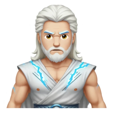 Zeus, whole body, white clothes, long white  hair, lightnings, determined face sticker