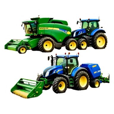 Baler – New Holland Roll-Belt 560 (2018) – Cinematic-realistic John Deere 6155M tractor towing a New Holland Roll-Belt 560 baler, its deep green body contrasting with the bright blue baler. The massive machine moves steadily through golden fields, compressing freshly cut hay into tight round bales, while dust swirls under the blazing afternoon sun. sticker