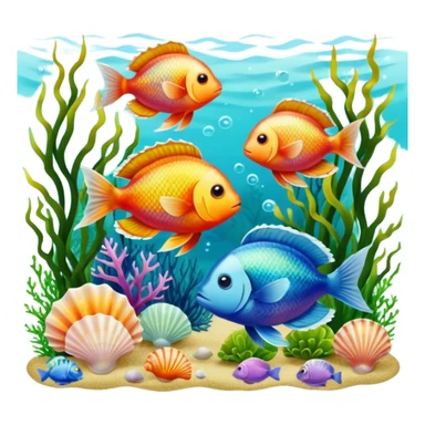 Exotic fishes swimming among algae and seashells  sticker