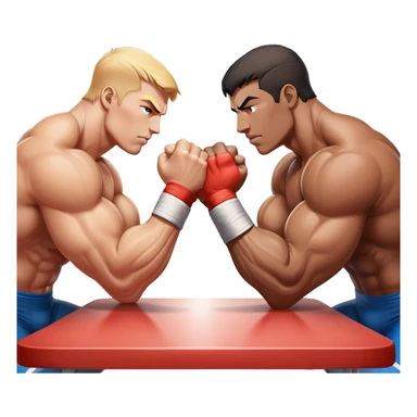 Two athletes engaged in an intense arm wrestling match, their muscles straining as they battle for dominance. The scene captures the powerful clash of strength, with close-ups on the hands locked in a firm grip, sweat glistening under bright lights. The background features a wrestling table. sticker