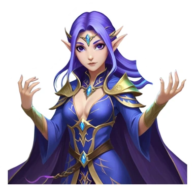 Cinematic Realistic WoW Elf Mage Portrait, captured in a dynamic, battle-ready stance, her graceful form exuding raw arcane energy. Her luminous skin and delicate features, set against an intricately detailed robe in consistent deep blues and purples with golden accents, are rendered with lifelike texture and dynamic, magical lighting, high shine, fierce and commanding, embodying the relentless spirit of an elven sorceress mid-spell. sticker