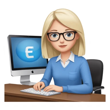 donna occhi azzurri con occhiali, capelli media lunghezza lisci, davanti al pc alla sua scrivania. è una grafica editoriale e redattrice sticker