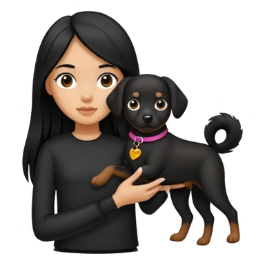 A girl with long black hair wearing black clothes holding a black dog in one hand sticker