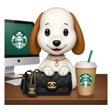 snoopy in a desk with starbucks and his chanel purse sticker
